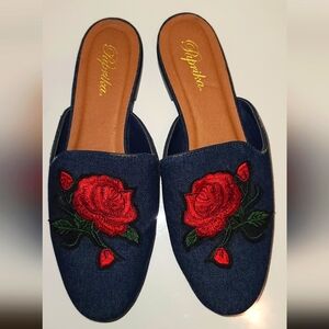 Paprika denim Detail mules with floral embroidery size US 7